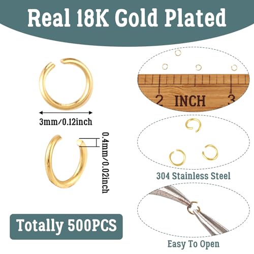 Open Jump Rings, 304 Roestvrij staal sluiting maar niet Soldered Jump Rings, Real 18K Gold Plated, Metalen Split ringen voor DIY Sieraden Reparatie Maken, 500 stuks 3