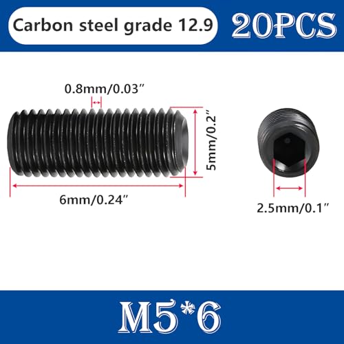 Verpakking van 20 Aanpassende Schroeven, M5 x 6 mm Allen Schroeven, Hexagon Socket Threaded Pins, Thread Pins, Magneetschroeven voor Machines, Deurhandgreep