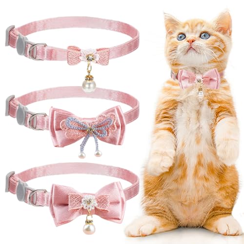 3 stuks roze kattenhalsband, leuke kattenhalsband, gescheiden verstelbare puppy kettingen, Lace Bowknot kralen ketting gescheiden veiligheid boog voor katten kleine honden (3