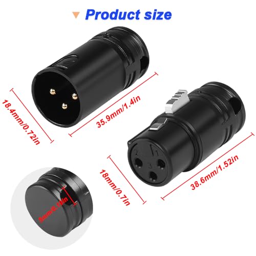 Soldeeradapter voor XLR microfoons, verguld, verstelbaar, rechte hoek, 3-polig, XLR stekker en stopcontact (2 stuks)