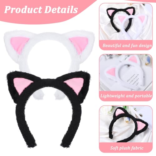2PCS Kattenoorn hoofdbanden zwart & wit pluche zacht wasgezicht Kitten hoofdband, roze binnenoren Fuzzy make-up haarband accessoires voor masker huidverzorging spa Yoga volwassenen 4