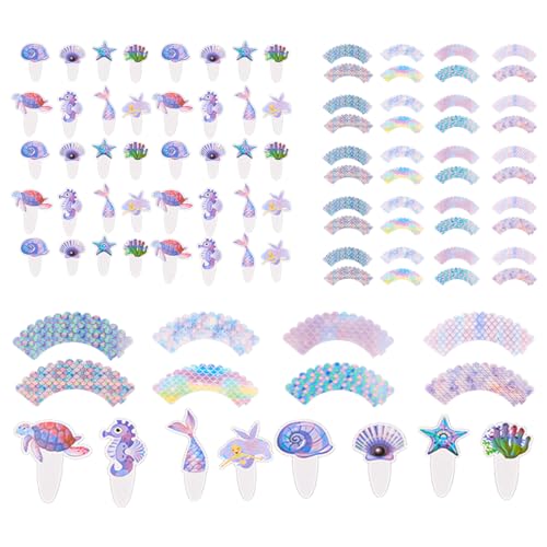 96Stuks Cake Decoratie Mermaid Cupcake Decoratie voor verjaardag Cupcake Toppers Wrappers Mermaid Thema Party Decoratie