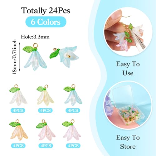 Acryl Lily Flower Bedels met glazen parel kralen, Green Leaf Flower Hangers Petal Flowers Hangen Charms voor DIY ketting oorbellen sieraden maken, acryl, acryl 3