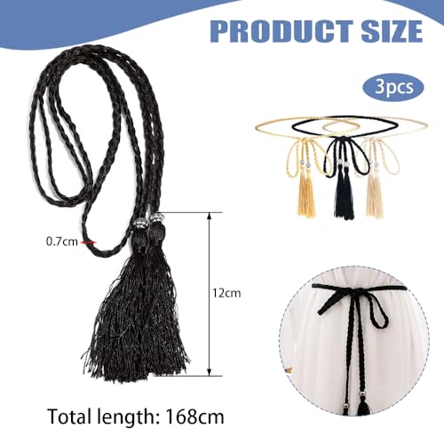 3 vrouwen riemen gevlochten dunne taille riem mode Dun gevlochten gevlochten taille skinny riem gevlochten riem geweven Tassel kralen riem voor rok jurk vrouwen meisjes (3 kleuren),, multicolour