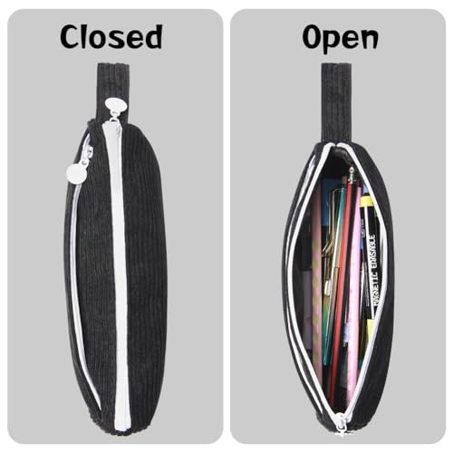 Corduroy Pencil Case, grote capaciteit Pencil Case, Stijlvol Eenvoudige Pencil Case met rits en handvat, Make-up Bag, Stationery Pouch voor tieners Jongens Meisjes School, Black, Corduroy 5
