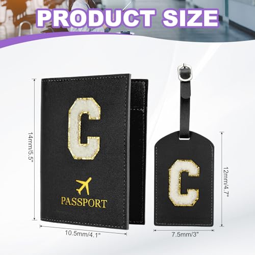 Reispaspoort houder eerste paspoort dekking en bagage tag Set met Alfabet Chenille brief Patch, Black, c