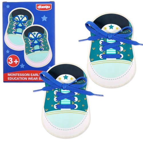 Pack van 2 houten Lace Up Schoenen Bow Leather Kids Oefenen Threading en Tyring Laces Kids Oefenen Lacing Leather Board Speelgoed (blauw)