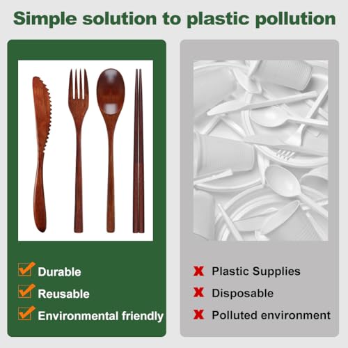 Houten bestek Set voor kinderen, 4-Piece Herbruikbare en draagbare houten tafel Bestek met 1 Lepel, 1 vork, 1 Baguette, 1 mes en zak 4