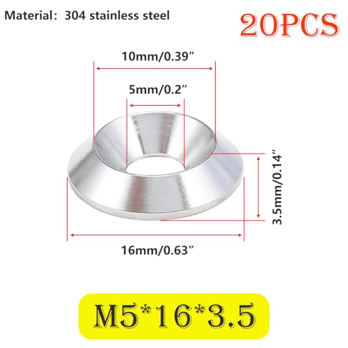 Verpakking van 20 verzonken ringen Roestvrij stalen ringen Countersunk Head ringen M5 x 16 mm Decoratieve ringen voor verzonken schroeven