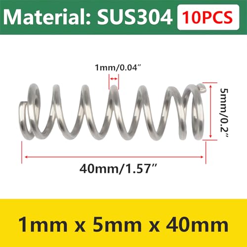 10 stuks Mini roestvrij stalen veren, metalen veren voor vervanging en reparatie, 1 x 5 x 40 mm compressieveren, mechanische compressieveren