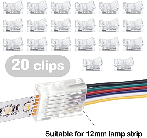 Verpakking van 20 LED Strip Connector, 6 Pin, 12 mm, LED Solder-free Strip Connector, 6 Pin Connector, voor 12 mm RGB WW of RGB+CCT LED 5 V 12 V 24 V (transparant)