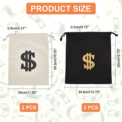 4 stuks 2 maten Canvas Large Money Bag, 2 Kleuren Dollar Teken Money Bag Canvas Drawstring Bag Canvas Coin Bag Kleding Pouch met koord Sluiting voor sieraden Cosplay Thema Halloween Party gunsten