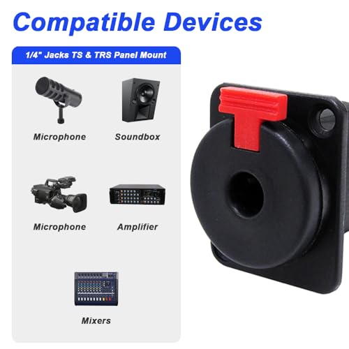 6,35 mm (1/4 inch) Paneel inbouw Socket, 1/4 Inch Stereo Audio Jack en Mono/TRS en TS met 6,35mm dikke 6,35mm Mono TRS Solder Plug (Pack of 4) 4