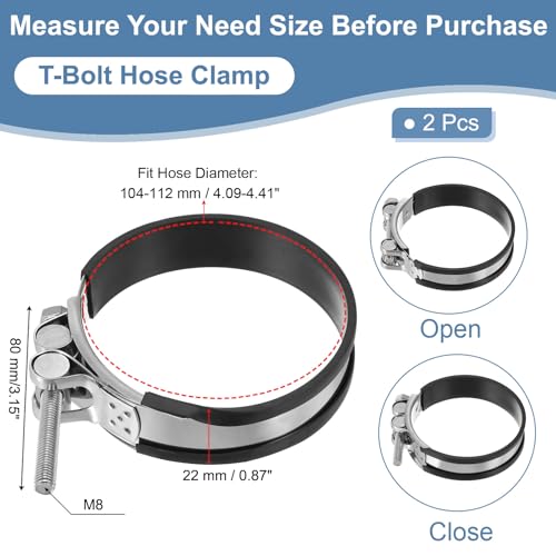 104-112mm T Bolt slang klem, 2 stuks Rubber gevoerde Inlet Intercooler Pijpbuisklemmen 304 Roestvrij stalen Radiator slangklem voor 4.1"-4.4" buis