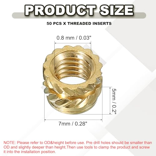 Inserts, M5*5*7mm, Verpakking van 50 messing verwarming inserts, vrouwelijke draad inserts, Metrische geribde noten, Inbedding Noten voor Plastic en 3D afdrukken componenten