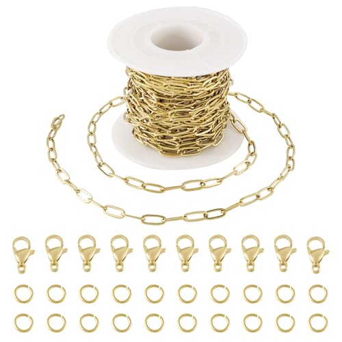 18K Gold Plated Paper Clip Kettingen 16,4 Voet roestvrij staal Oval Link geraspte kettingen met kreeft gesp Jump Rings voor Craft DIY armband ketting vrouwen sleutelhanger accessoire