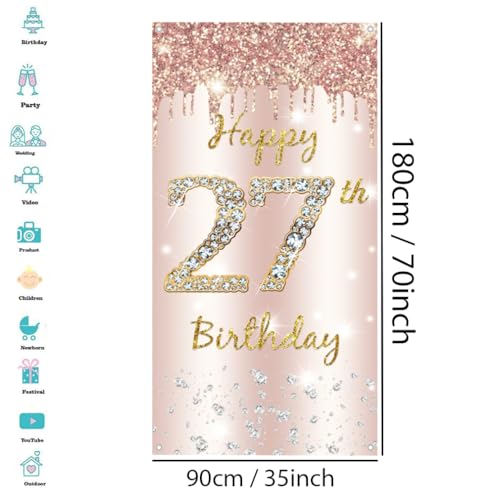 27e verjaardag decor vrouwen, Gelukkig 27e verjaardag deur banner rose goud, 27e verjaardag stof teken poster deur decoratie, 27e verjaardag achtergrond banner vrouw, verjaardag feest welkom teken 5
