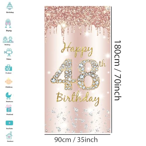 48e verjaardag Decoratie Vrouwen, Gelukkig 48e verjaardag Deur Banner Rose Gold,48e Verjaardag Stof Tekenposter Deur Decoratie,48e verjaardag achtergrond Banner Dames,Voerdag Partij Welkom Teken