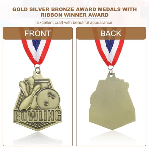 Bowling Games Embossing Gold Award Medailles met rood wit en blauw lint, 3 stuks Winnaar Medailles Gold Silver Bronze Awards voor de competitie Sport Party, Gold 4