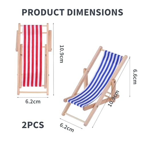 Miniatuur Strandstoel Set van 2 Miniatuur Strandstoel Decoratie Houten Mini Lounger Decoratie Klein Opvouwbaar Strand Micro Landschap Blauw Wit Stof Zitplaats 11 x 5 cm