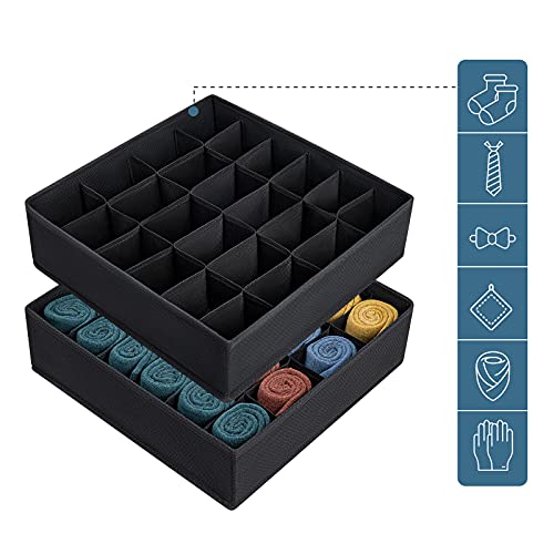 2 Stuks Opbergboxen voor Sokken en Ondergoed, 24 Cellen Opvouwbare Dozen (Opvouwbare Doos, Lade Dividers, Lade Organizer Fabric Boxen voor het houden van Sokken (Zwart)
