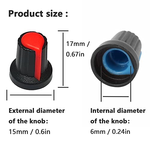 60 stuks potentiometerregelaar 6 mm kartelschachtgat potentiometer volume controle draaiknop 15 x 17 mm kleur wit, blauw, rood, geel, groen, oranje