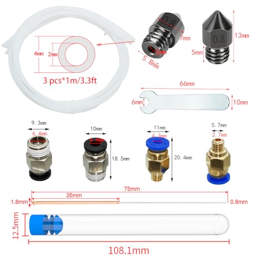 Geharde stalen nozzles, verpakking van 6 gehard staal 0,8 mm met PC4-M6-M10 (1P + 1P), 3 x 1 m Teflon slang, 3 x 0,8 mm Reinigingsstaal Naald en 6 mm sleutel, voor 1,75 mm