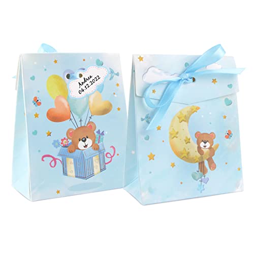 50 st. Baby douche Feestcadeautassen Schattig cartoon beer chocolade tasjes met tags en lint string voor bruiloft reizen thema feest bruids decoratie (blauw)