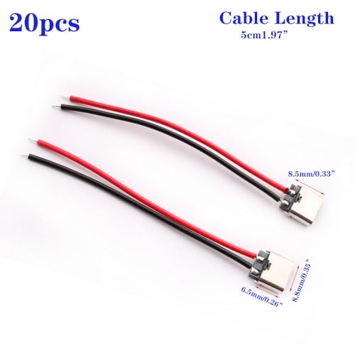 20 PCS USB-C Socket Solderen met kabel, 2 Wire USB-C Flush voor PCB ontwerp, DIY