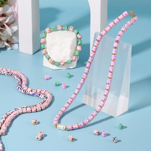 4 onderdelen Barrel Polymer Klei Kralen 4 Kleuren Bloem patronen 6mm Kolom Handgemaakte Polymer Klei Kralen Losse Spacer Kralen Bulk voor DIY armband ketting sieraden maken