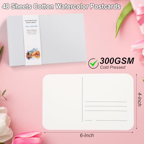 60 Vellen Aquarel ansichtkaarten, 100% Katoen 100 x 15cm Blanco afgeronde hoeken Aquarelpapier Postkaarten Koud geperst voor het versturen van kunst Schilderen Tekenen, 150 lbs/300g/m2 (Witte doos)