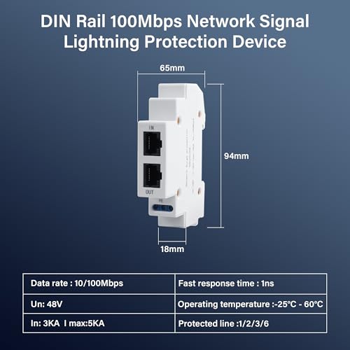 DIN-Rail Ethernet Surge Protector 100Mbps POE Surge Protector 1-2-3-6 voor Switch, Router, Surveillance Camera, Netwerkapparatuur - Eenvoudige montage op DIN Rail 36m m 4