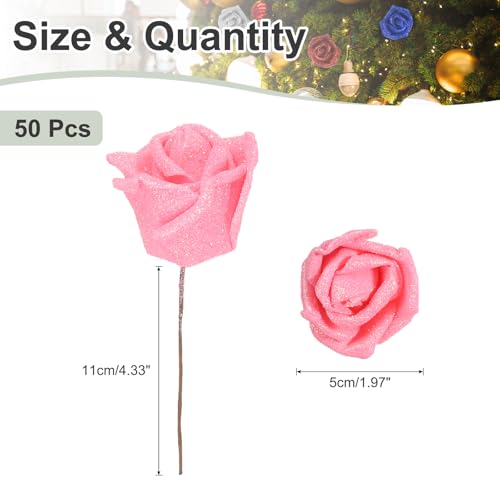 Glitter rozen 50 st Schuim Kunstbloemen Rozen Echte nep bloemen Bulk met stengel voor DIY bruiloft boeketten Tafel Centerpieces Krans Home Party Decoration Roze