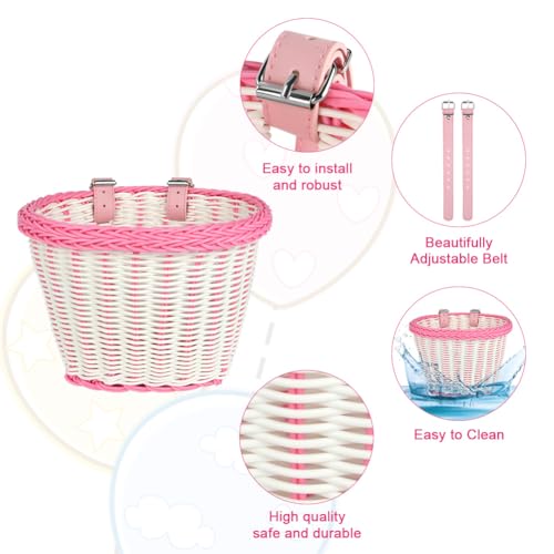 Fietsmand voor kinderen en meisjes Front - Afneembare, gevlochten van Rattan met lederen riemen, Streamers, Fietsbel en Sticker 3