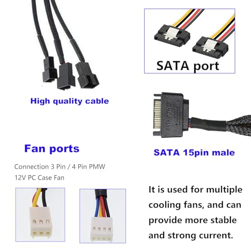 5 stuks SATA Fan Power Cable, 15 Pin SATA tot 3 x 3 Pin/4 Pin, 12V PC Case, Fan Splitter PWM Adapter voor Ventilator, PC, Power Cable voor koeling huisvesting voor 4