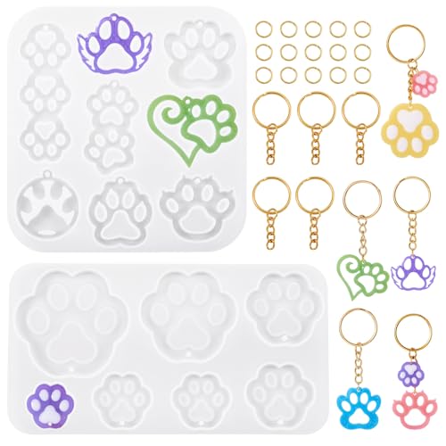 2 st Paw Afdrukken Siliconen mallen Kattenvoetafdruk Afgietselhars mal met sleutelhangers Jump Ring voor het gieten van UV Epoxy Hars sieraden maken sleutelhanger ambacht