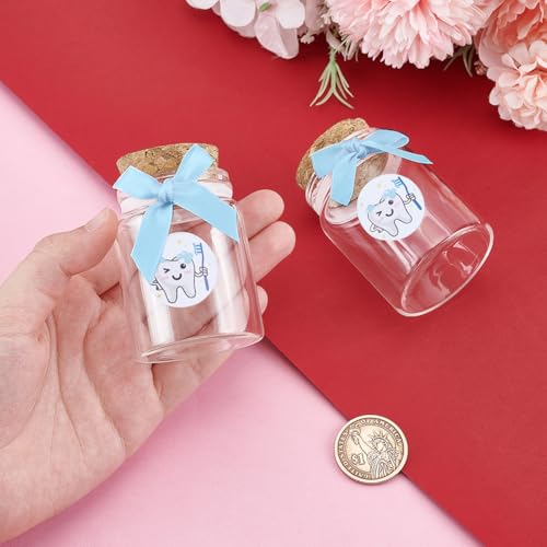2 stuks glazen flessen voor tandopslag, 4,5 x 7 cm glazen flessen met Cork Glas Dental Keepsake met Blue Bow Tie en Tanden Stickers voor het houden van geheugen 3