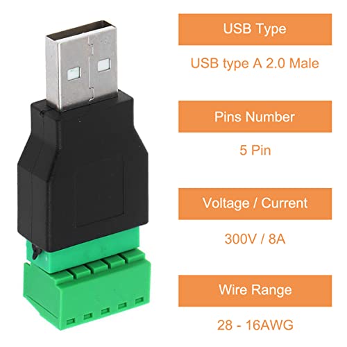 USB-connector type A Schroef Terminal Solderless 5 Way/Pin Block Adapter, USB 2.0 Repair Kit Man Vrouw om Terminals Pluggable Type Converter voor USB-kabel, 4PCS