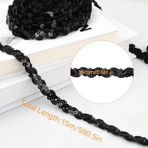 Elastische sequinband Kleurrijke 15mm kleurrijke sequins trim stof sequinband stretch zwart voor het naaien van sieraden het maken van knutselen jurk decoreren (zwart)