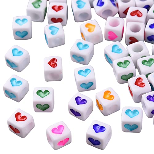 200PCS Kubus Acryl Hart kralen Grote Hole White Square met gemengde kleur Hart Spacer Losse kralen 6.5x6x6mm Mini Charm kralen voor DIY ambachten sieraden ketting maken armbanden