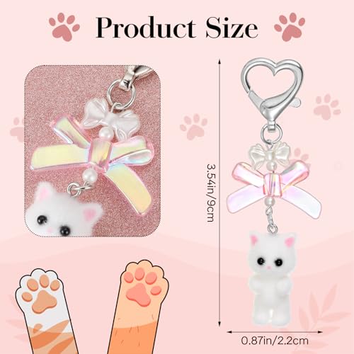 Fuzzy Cat Keychain Leuke witte sleutelhanger esthetische Y2k Kitty Kat Stuff Decor Kawaii Heart Bow Hangen Sleutelhanger tas portemonnee Charm Grappige geschenken voor kattenliefhebbers vrouwen, wit