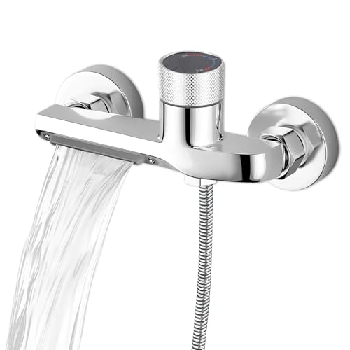 Zilverkleurige watervalmengkraan voor badkuip, dubbele functie do diplomaturen met anti-slip knop, koperlegering, waterkraan, badkuip voor wanddouche, slaapzaal, hotel
