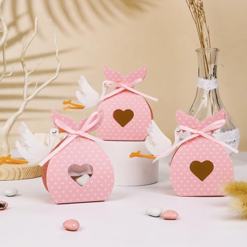 Verpakking van 50 Holk Cadeaudozen voor Geboortemeisjes - Pink Stork Cadeaudoosje met lint Cadeauverpakking Decoratie voor Party, Geboorte, Doop, Verjaardag, Meisje 3