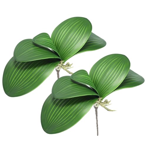 Faux Orchidee Bladeren 14cm, 2 Pack Kleine kunstmatige Phalaenopsis Foliage Real Latex Touch Groene Plant 5 Bladeren met Stengels voor thuis Bloemen Pot Decor, Groen