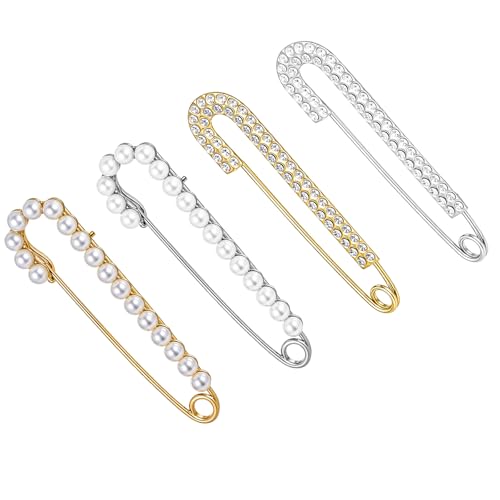 Broeche Pins voor vrouwen, 4 stuks Pearl Sweater Sjaal Hoed Clips Broeken Waist Tensioner Rhinestones Veiligheidsspelden Vest Clips Sock Bedels voor Jeans Trui Kleding Decoratie Accessoires, Metal