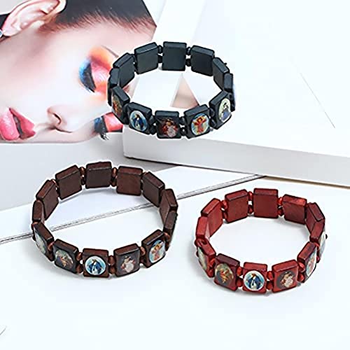 Knowoo katholieke religieuze armbanden met verschillende kleuren afbeeldingen van heiligen, Jezus en Maria I houten stretchable armband I Katholieke geschenken armbanden I religieuze armband, 2,17 inch,, Hout 3