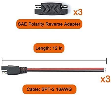 Verpakking van 3 SAE-aansluitingskabels, 12V-24V, 16 AWG, SAE-connector, 30 cm, SAE-verlengkabel voor auto's + SAE-connectoren voor motorfietsen, auto's 3