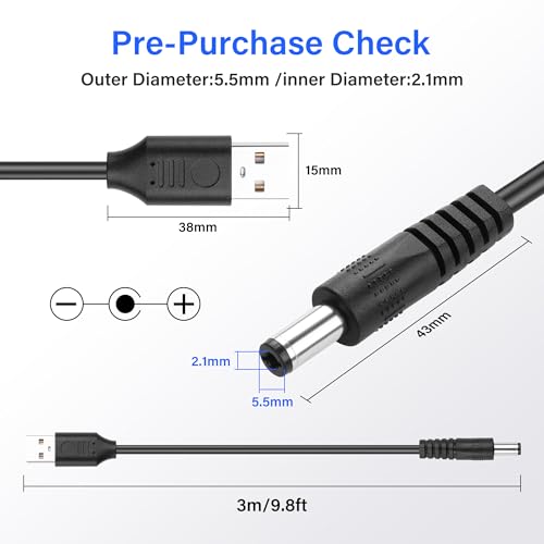 USB naar DC 5.5 x 2.1mm Power Cord 5V 3A 10ft, 2sts 5.5mm Barrel Book Charging Kabel voor Surveillance Camera / LED Light/Router/Set Top Box, Pure Koper Core Stable 5V Direct door ontwerp