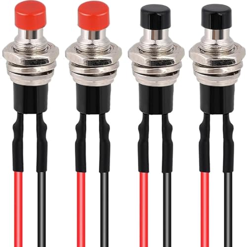 4 st. 7mm Pre-Wired Mini Zelfrem duwschakelaar, AAN/UIT 2 Pin ronde drukknop voor auto, boot, Arduino, DIY, AC 250V/1.5A, 125V/3A, Mini duwknop (rood zwart)