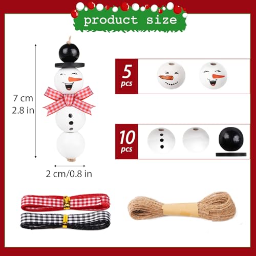 10 sets van sneeuwman houten kralen kits Xmas kraal met hennep touw rode plaid lint voor kerstboom DIY ambachten maken nieuwjaar feest decoraties